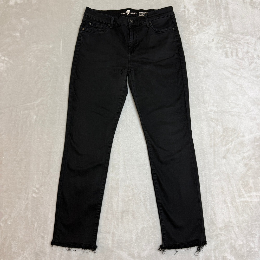 7 For All Mankind Roxanne Ankle Jeans Womens 30 Black Raw Hem Slim Whiskering EC